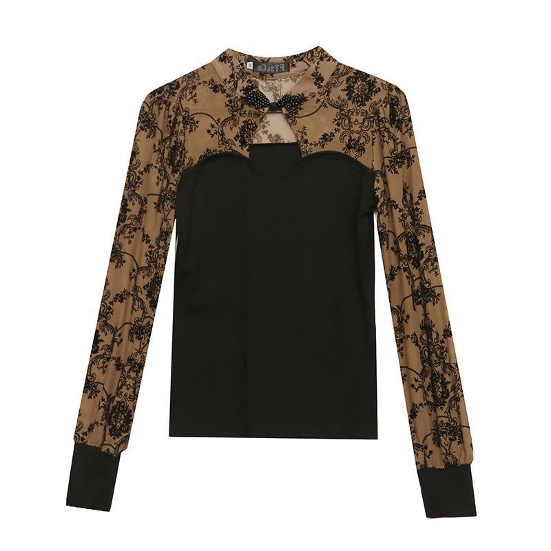 Real shot 2023 otoño nuevo impreso costura diseño retro chic stand collar manga larga Camiseta tocando fondo para mujeres image 6