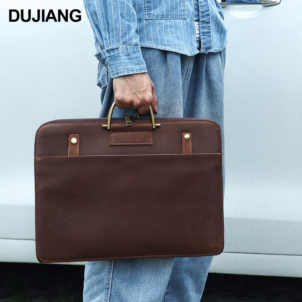 크레이지 호스 가죽 컴퓨터 가방 레트로 천연 가죽 핸드백 비즈니스 출퇴근 서류 가방 1층 소가죽 다기능 남성 가방