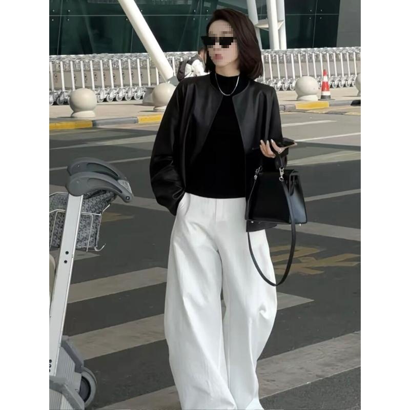 Cross-Border Short Black Leather Jacket for Women, Spring and Autumn New Jacket, Cool and Stylish, Petite, Trendy, Retro with Suspenders