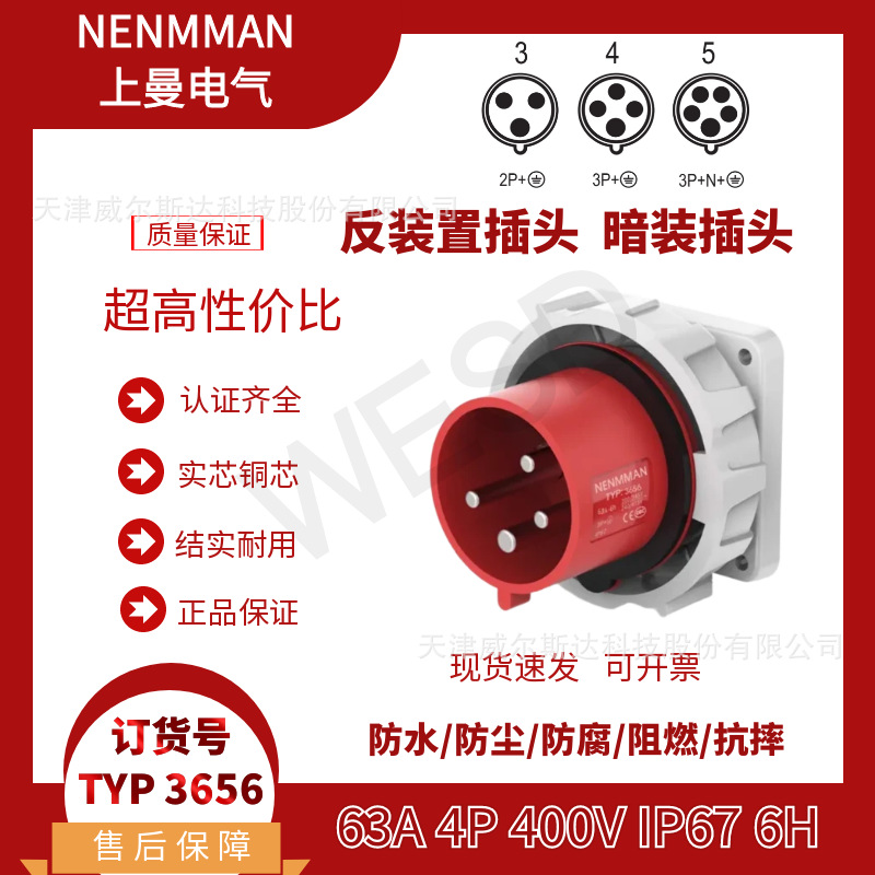 特价 TYP:3656 工业防水暗装插头 反装置固定插头63A4芯IP67 专票