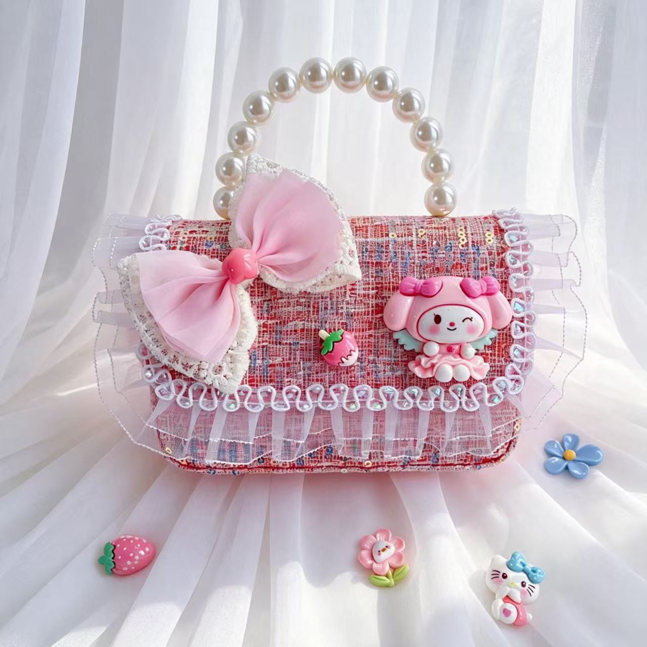 Nuevo encaje perla arco bolso cuadrado bolso de estilo extranjero versátil pequeño viento fragante bolso de chicas bolso de moda bolso de niños