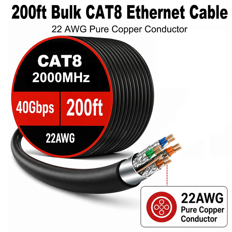 CAT8 Ethernet cable, 22AWG pure copper, double-shielded, Category 8 network cable, industrial-grade, 200 feet, 10 Gigabit network cable CAT8 Ethernet cable, 22AWG pure copper, double-shielded, Category 8 network cable, industrial-grade, 200 feet, 10 Gigabit network cable