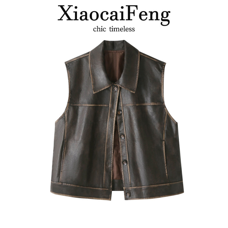 Retro Hong Kong-style design, women's autumn vest with a lapel collar, perfect for layering, a biker-style vest jacket, and an outerwear top Retro Hong Kong-style design, women's autumn vest with a lapel collar, perfect for layering, a biker-style vest jacket, and an outerwear top