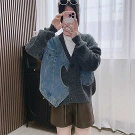 设计感小众不规则毛衣外套女牛仔拼接秋冬季新款v领休闲针织开衫