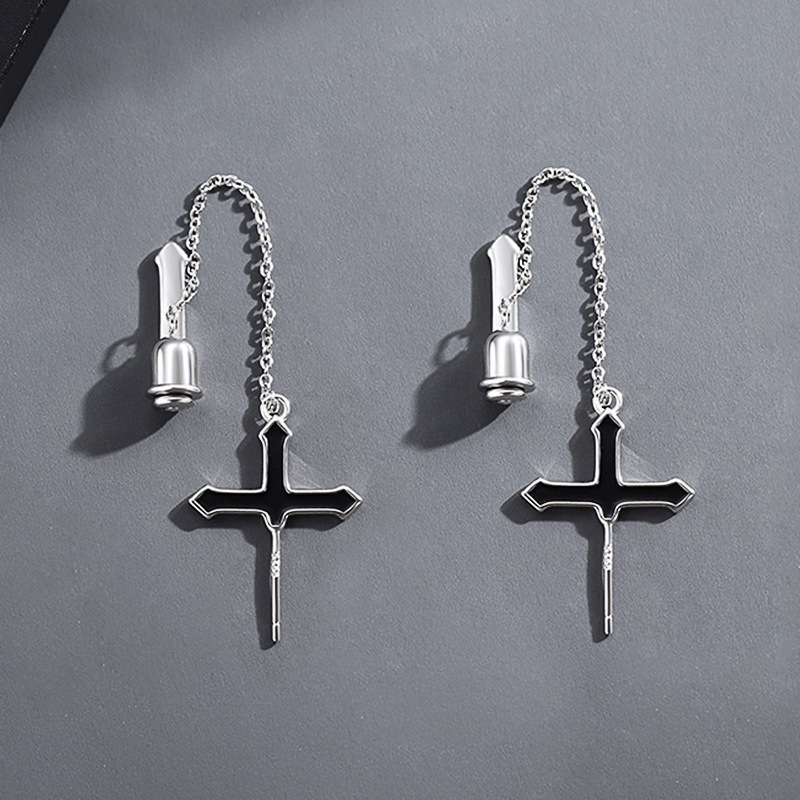 Copper Material Cross Pattern Men's Gender Plating Design 1 Pair Hip-Hop Cross Plating Copper Drop Earrings