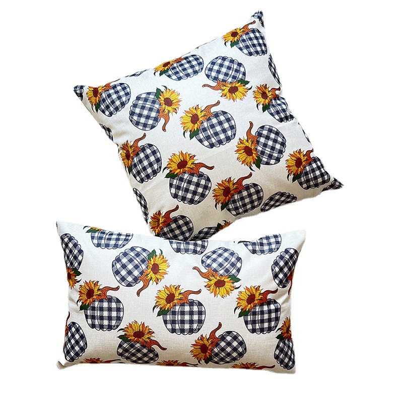 Halloween-sakeutettu pellavainen ruudullinen kurpitsakukkapainettu tyynyliina kodin sohvatyynyn päällinen_voghion.com
