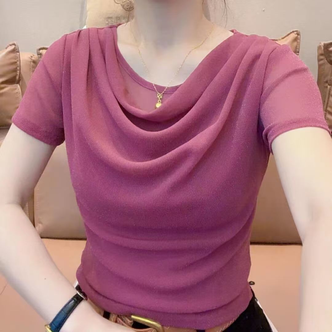 Pile Collar Youthful Short-Sleeve T-Shirt 2026 Fashion New Style Unique Temperament Versatile Women's Mesh Slimming Top