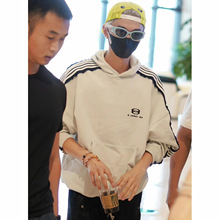 正确版本原标巴黎B家鹿晗同款徽标刺绣五道杠贴布运动连帽卫衣