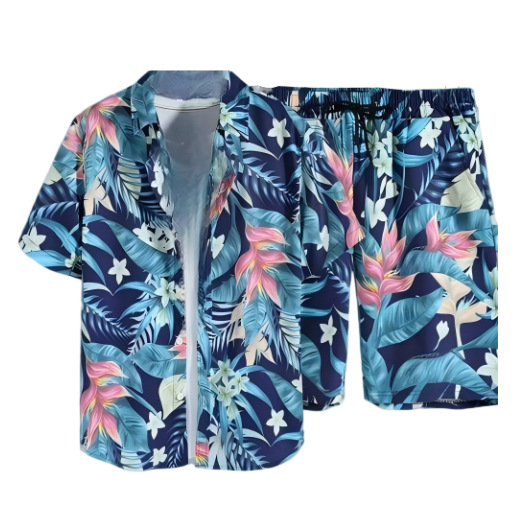 Erkak va ayollar uchun tez quriladigan plyaj kostyumi - tropical printli ko'ylak + shortlar