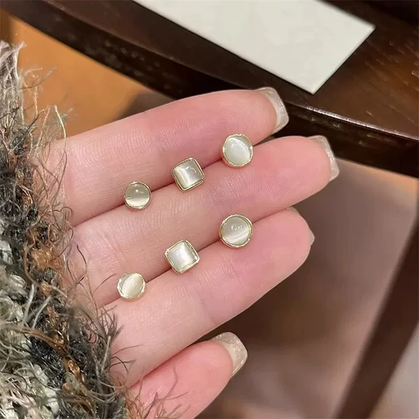 Luxury Ear Holes Cat's Eye Stone Earrings Women's Six-Piece Sleeping Free Ear Nail Design Niche Earrings Accessories