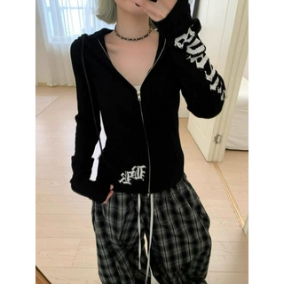 美式复古印花连帽开衫卫衣女春秋修身显瘦辣妹拉链百搭潮牌短上衣