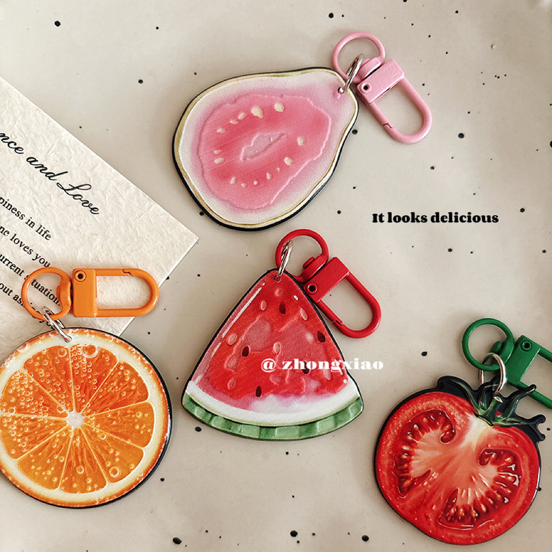 Simulated guava, tomato, orange, watermelon fruit slices acrylic keychain pendant for girls' bags, gift decoration Simulated guava, tomato, orange, watermelon fruit slices acrylic keychain pendant for girls' bags, gift decoration