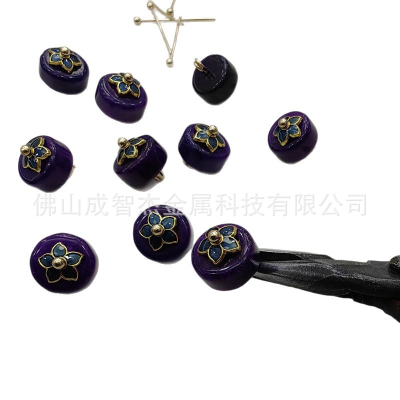 国风6*12MM平角紫气东来青黛花托石材扣子 龙图腾汉服子母扣