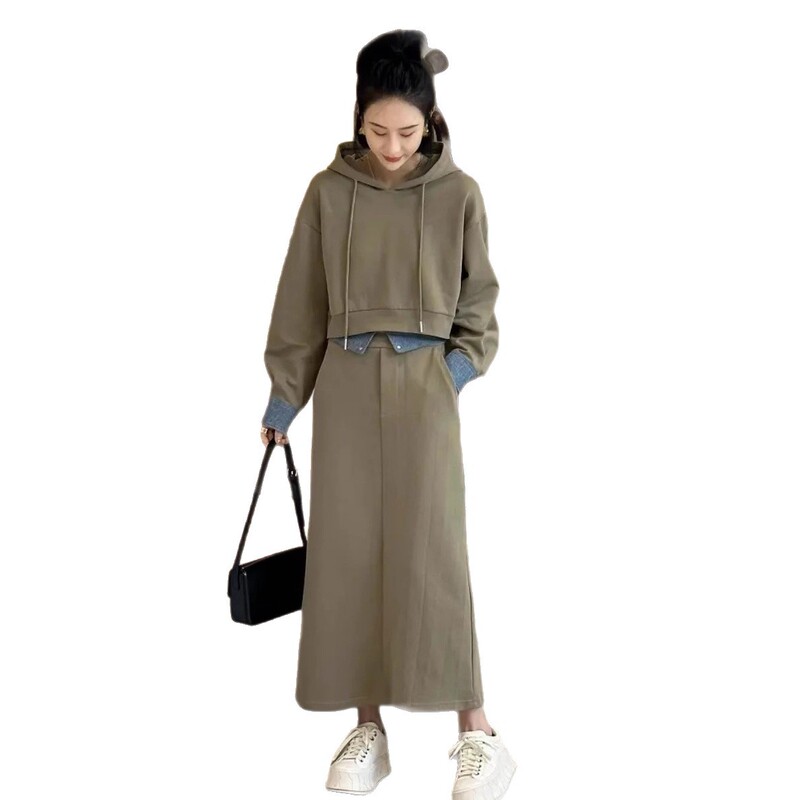 300斤大码感假两件连衣裙女春秋胖mm显瘦遮肉长袖卫衣裙套装2|undefined