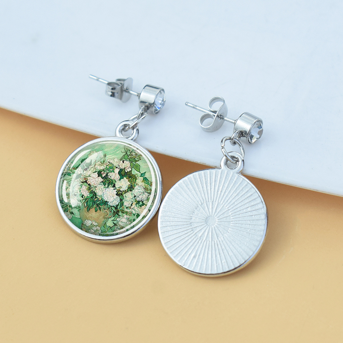 Pendientes de diamantes brillantes de flores Iris de girasol Van Gogh Art Starry Sky Pintura al óleo Pendientes de estilo europeo y americano medieval