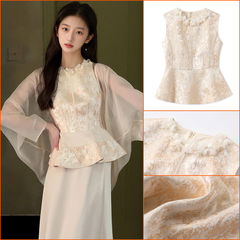 New Chinese-Style High-End Exquisite Lace Round-Neck Shirt for Women, National Style Waist-Cinching Versatile Jacquard Top N3106