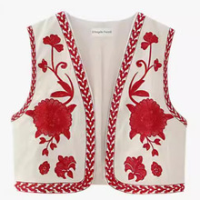 2024秋季新品欧美跨境 时尚女装民族风花朵马甲刺绣短款开襟背心