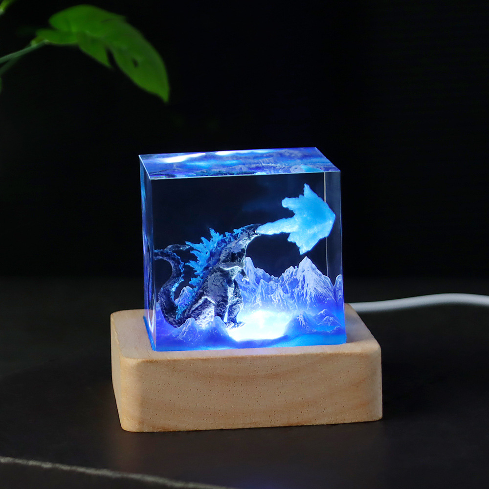 Micro Sandalwood European-style  Creative Crystal Buried Godzilla Mini Night Light Gel Dropping for Students and Children Gifts