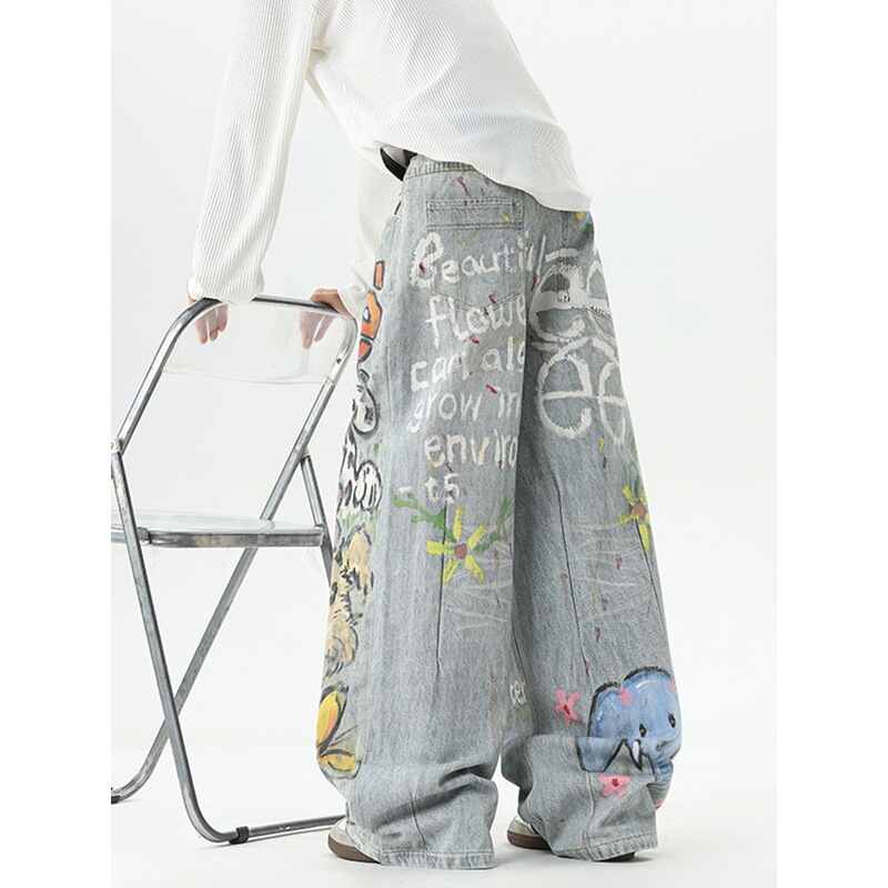 American Retro Fun Cat and Dog Hand-Painted Graffiti Jeans for Women Cleanfit High-Waisted Loose Straight Wide-Leg Pants