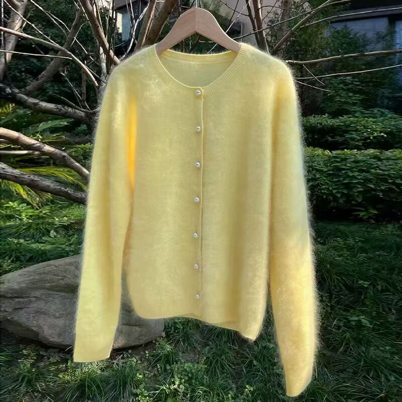 Popular silk cashmere wool cardigan for women, autumn and winter, round neck, pearl button, fleece sweater coat, versatile top, base shirt