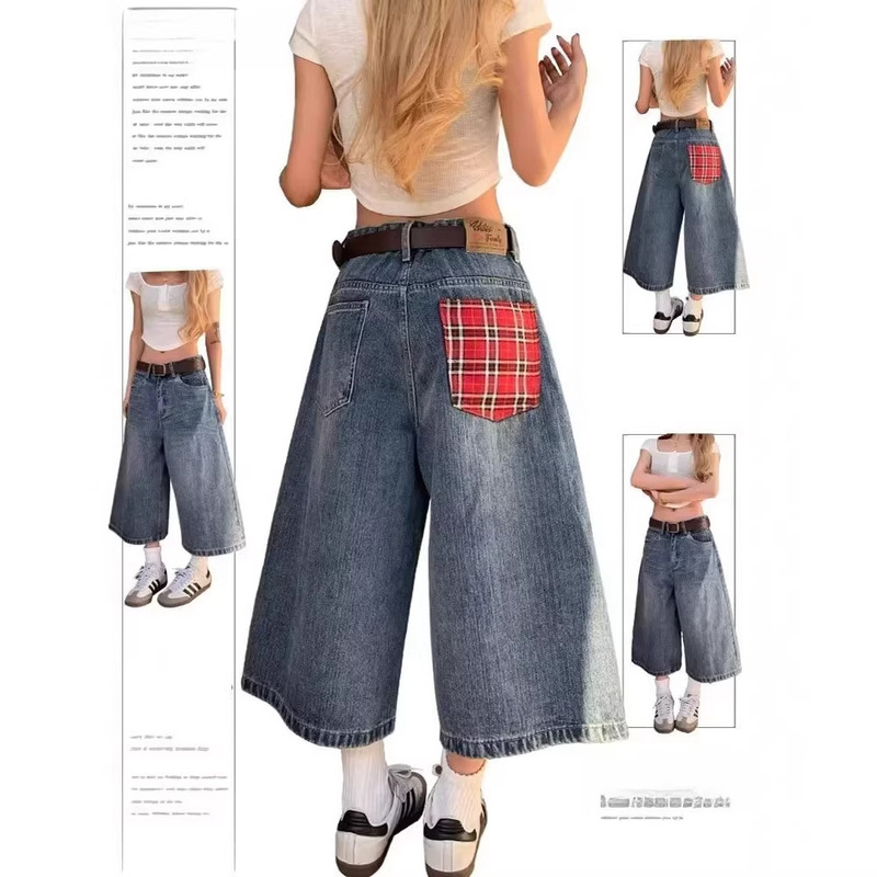 Plus-Size American-Style Plaid Patchwork Denim Shorts, Vintage Mid-Length Loose Straight-Leg Shorts for Women, Summer Thin Style Plus-Size American-Style Plaid Patchwork Denim Shorts, Vintage Mid-Length Loose Straight-Leg Shorts for Women, Summer Thin Style