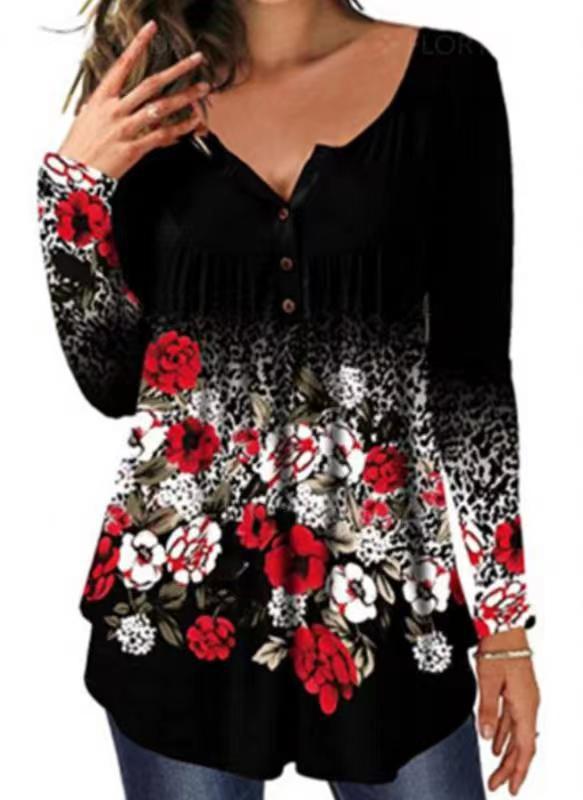 Women's autumn new slim round neck button pattern T-shirt_voghion.com