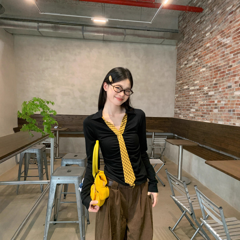 黑色polo领内搭打底衫女秋季韩系修身短款设计长袖t恤上衣|undefined