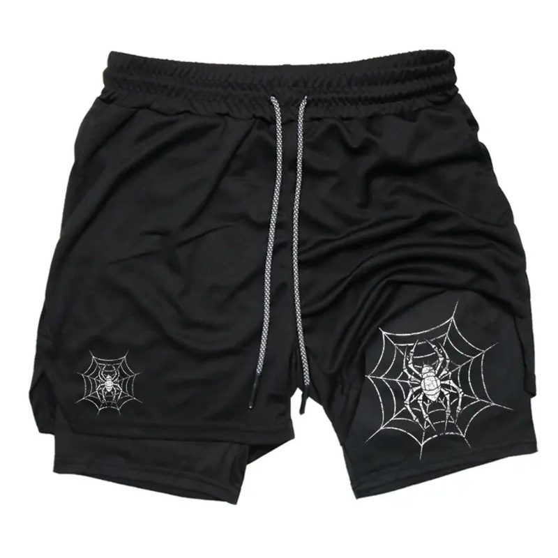 Cross-Border American High Street Y2K Dark Style Spider Print Men's Double-Layer Shorts Fitness Running Sports Casual Pants
