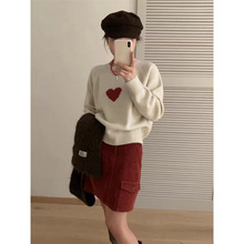 2025韩版新款法国小众爱心挂毛图案字母圆领毛衫女式毛衣针织衫女