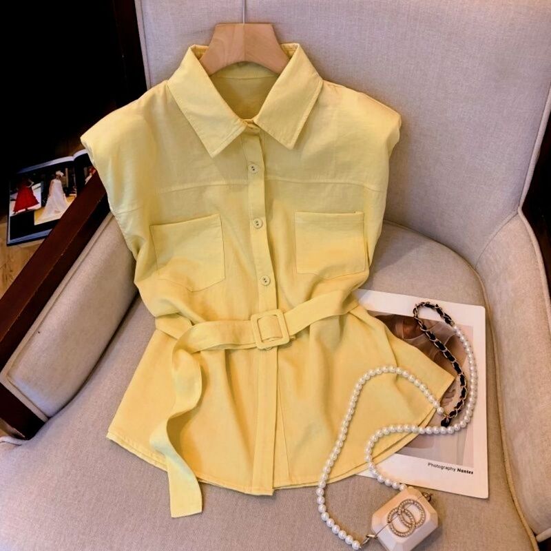 2026 Summer New Korean Style Elegant Sleeveless Shirt with Belt, Simple and High-End Fashion Versatile Top That Hides the Figure 2026 Summer New Korean Style Elegant Sleeveless Shirt with Belt, Simple and High-End Fashion Versatile Top That Hides the Figure