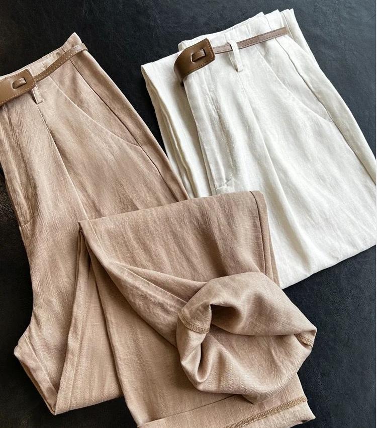 Quần culottes nữ ống rộng dáng suông chất liệu tơ tằm phối sợi lanh mùa hè — Màu sắc, màu kaki chi tiết 5