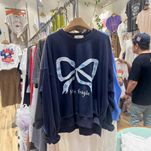 即墨厂家~韩国东大门代购eun女25秋季圆领蝴蝶结印花宽松套头卫衣
