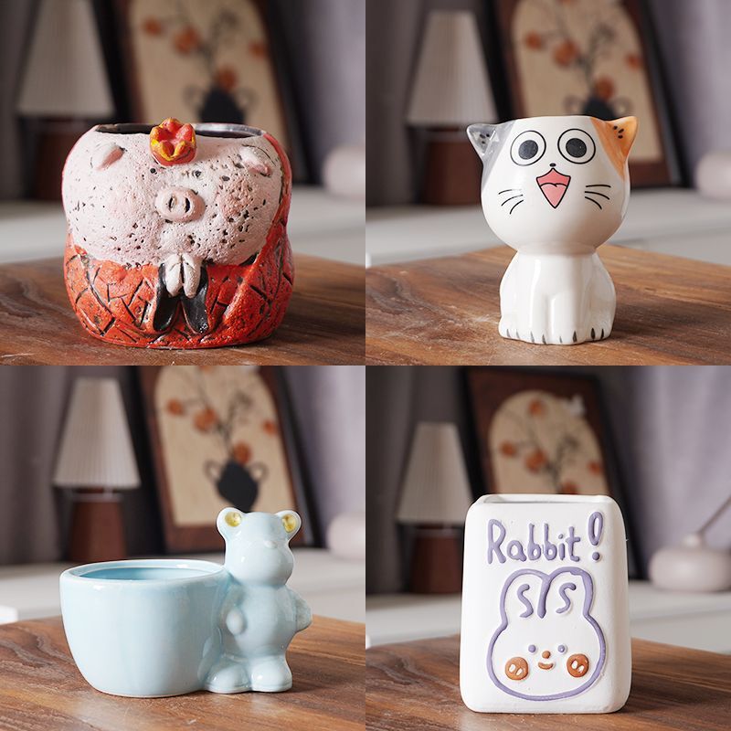 Ceramic Succulent Flower Pots with Cute Cartoon Animal Characters, Creative and Unique Designs, Simple and Breathable Coarse Pottery for Desktop Decoration Ceramic Succulent Flower Pots with Cute Cartoon Animal Characters, Creative and Unique Designs, Simple and Breathable Coarse Pottery for Desktop Decoration