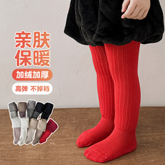 儿童连裤袜女童加绒加厚保暖高弹婴儿袜子跨境宽光板儿童中国大红
