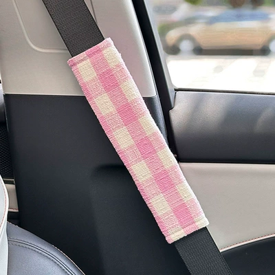 Simple Plaid Car Seat Belt Seat belt shoulder pad - woolen-plaid-shoulder-pads-pink