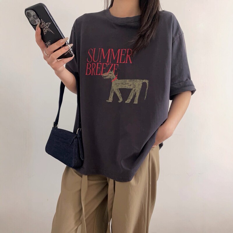 American Retro Washed Printed Short-Sleeved T-Shirt Korean Designer Style Round Neck Casual Loose Summer New Top for Women American Retro Washed Printed Short-Sleeved T-Shirt Korean Designer Style Round Neck Casual Loose Summer New Top for Women