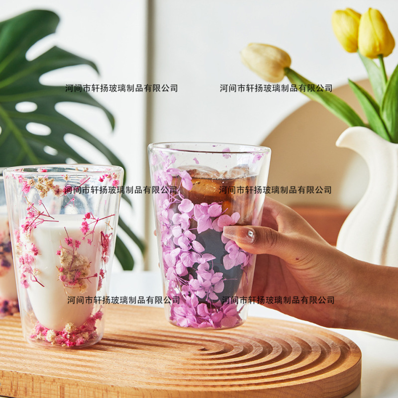 真花二重グラス卸売りネット赤女子家庭用ジュースカップ高ホウ素シリコン断熱真花二重グラス|undefined
