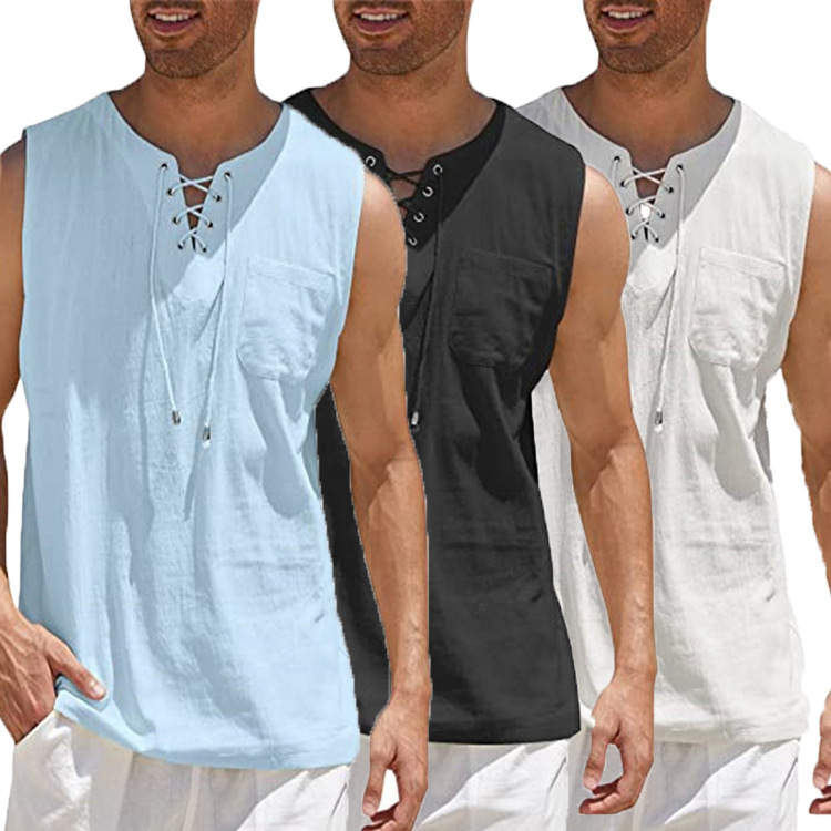 2023 Amazon New Men's Sleeveless Top Ego Medieval Air-Eye Lace-Up Stand-Up Collar Men's Pullover Shirt