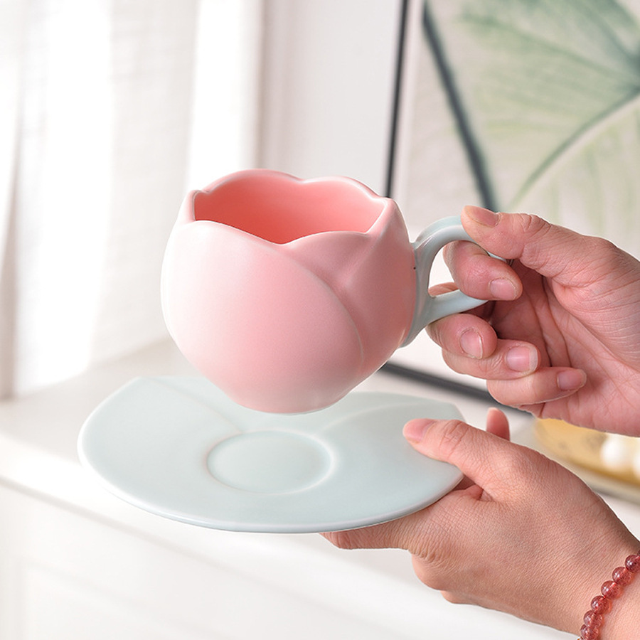 Tulip Flower Ceramic Coffee Cup And Saucer Set For Home Cafe_voghion.com