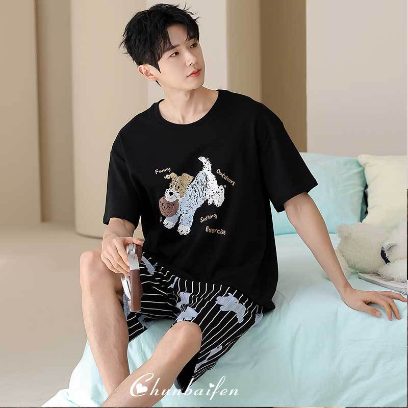 纯棉男士睡衣夏季短袖短裤2026新款卡通小狗圆领可外穿青少年套装