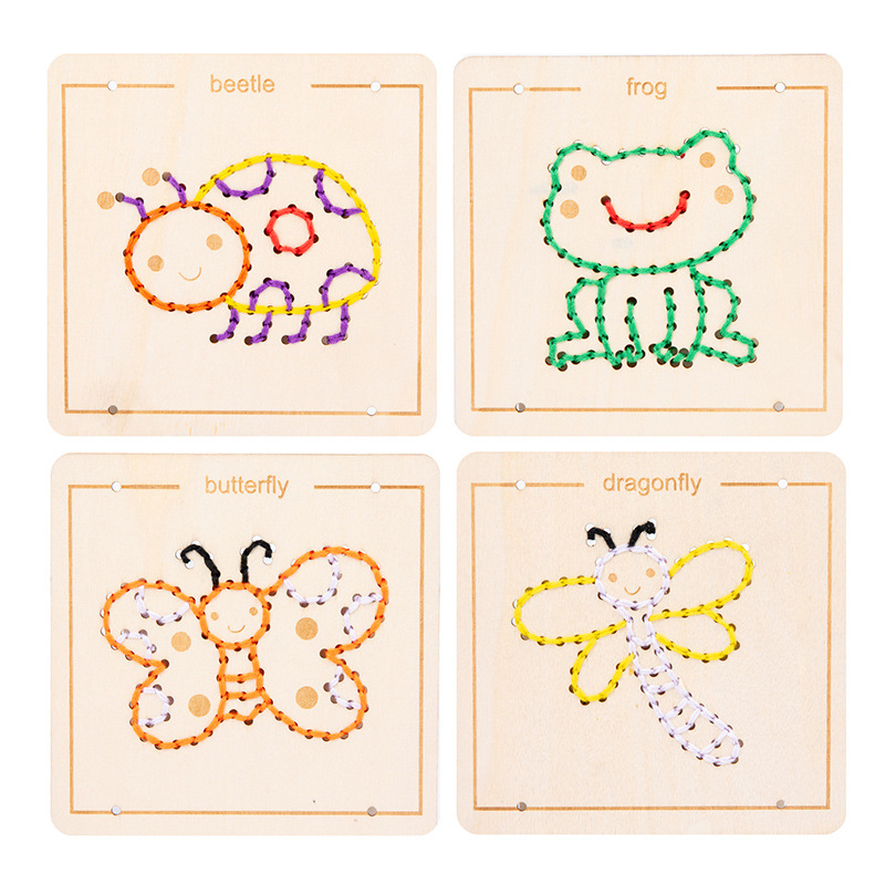 Nuevo juego de bordado de cuerda de madera Educación temprana para niños Ayudas didácticas Montessori Variedad de formas Tablero de hilo Juguetes al por mayor