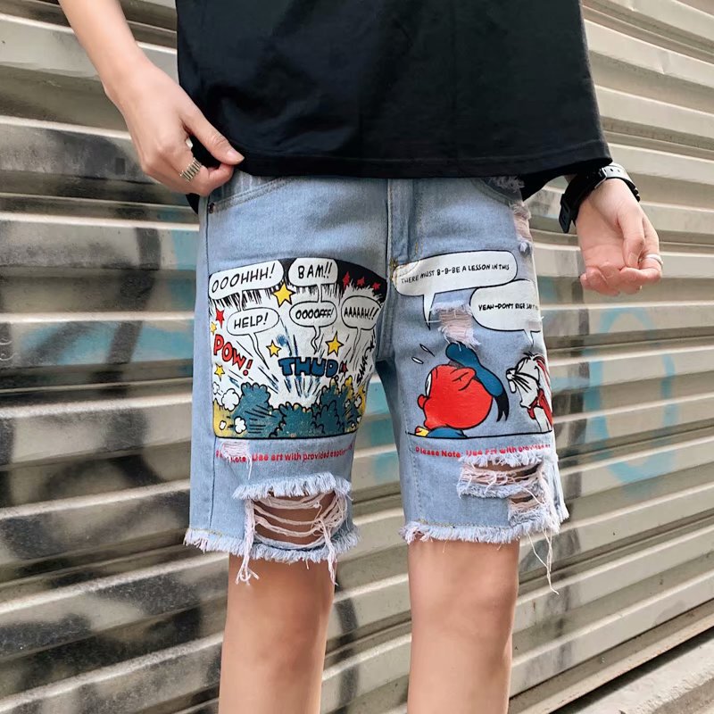 Ripped Denim Shorts Casual Men's Trendy Summer Hong Kong Style Loose Straight Men's Shorts