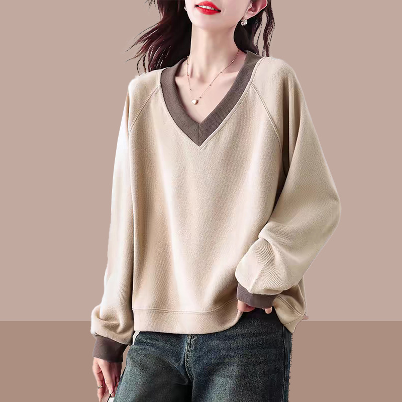 Hoodless Short V-Neck Sweatshirt for Women 2026 Spring and Autumn Fashionable and High-End Brushed Long-Sleeved Pullover Top