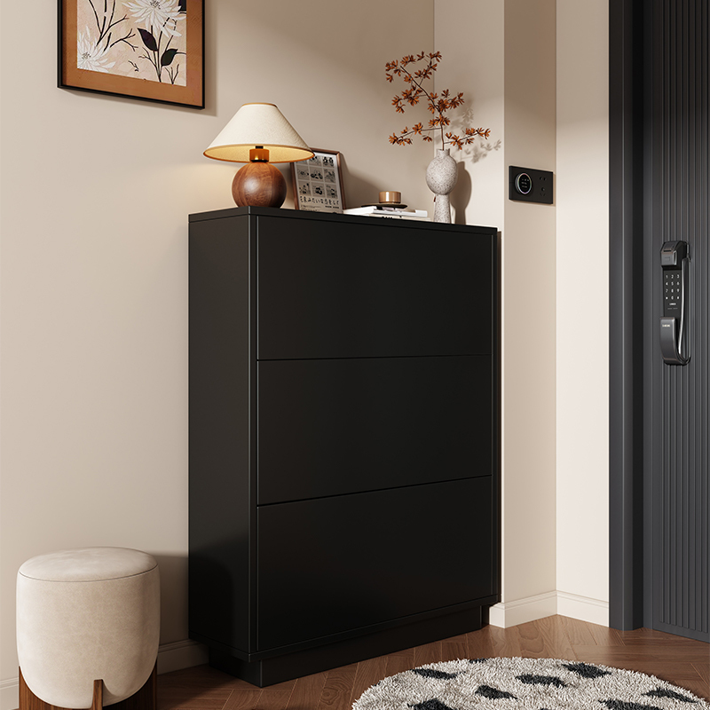 Ultra-Thin Shoe Cabinet for Home Entrance, Black Solid Wood Shoe Cabinet for Hallway, Large Capacity Entryway Flip-Top Shoe Cabinet
