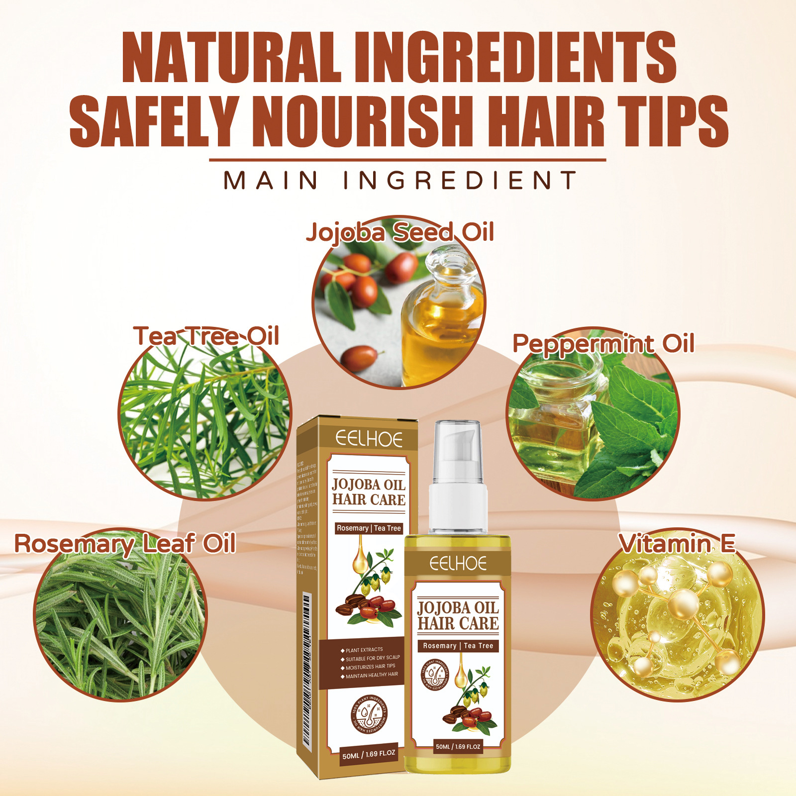 EELHOE jojoba juuksehooldusõli silub kuivi ja kahuseid juukseid, tugevdab juukseid, masseerib peanahka ja hooldab juukseid._voghion.com