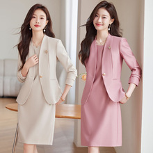 跨境无领西装套装女高级感修身职业正装小西服外套配连衣裙两件套