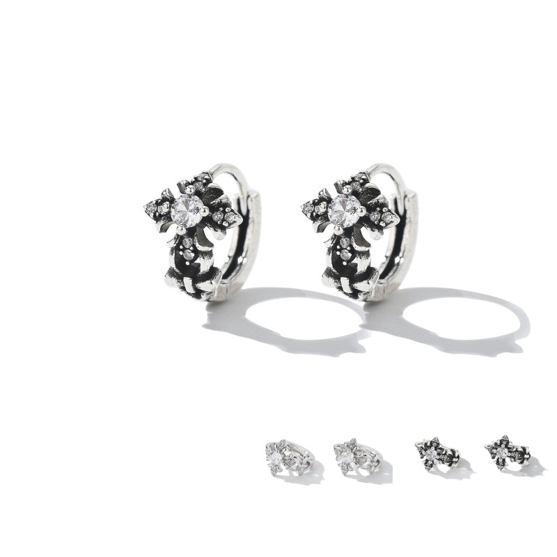 Hip-Hop Cross-Border Trendy Cross Earrings Retro Old Money Style Zircon Earrings for Men and Women Vintage Iris Flower Ear Accessories