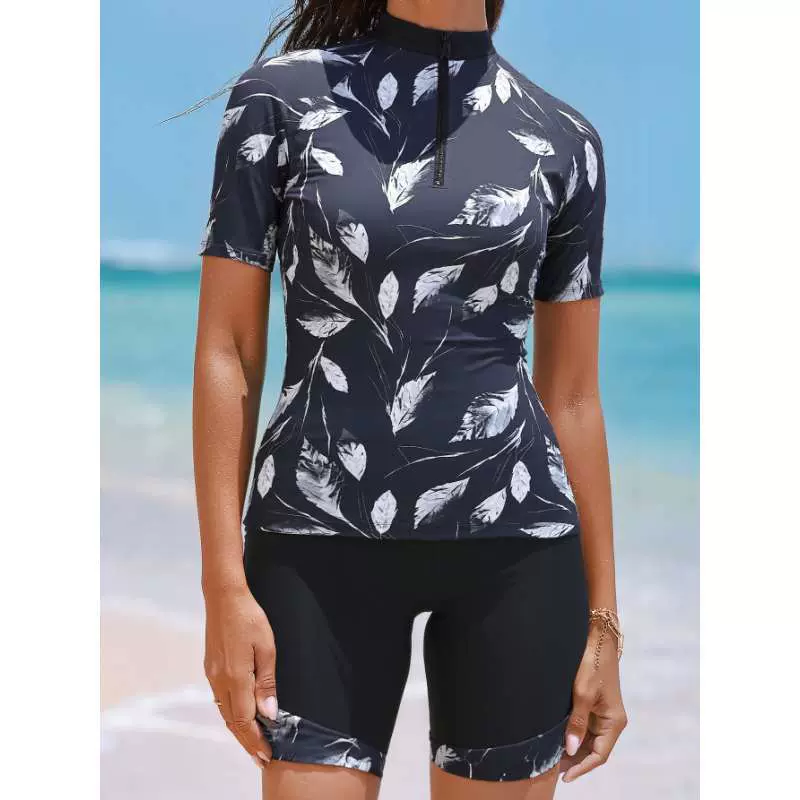 欧美新款女士分体泳衣树叶印花半拉链防晒冲浪服保守短袖泳装套装