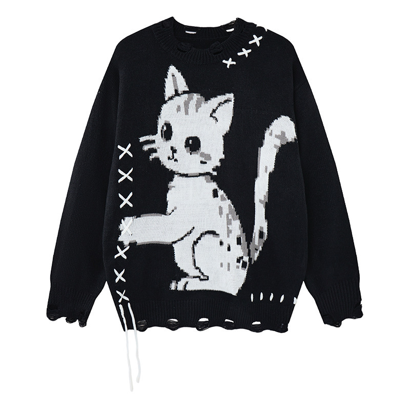 Men's Cat Print Crew Neck Sweater, Loose Fit, Color-Block Stitching, Tie-Up Details, Distressed Crochet Pattern, Pullover Long Sleeve Knit Sweater Men's Cat Print Crew Neck Sweater, Loose Fit, Color-Block Stitching, Tie-Up Details, Distressed Crochet Pattern, Pullover Long Sleeve Knit Sweater