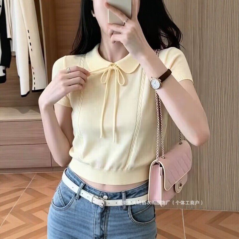 Women's summer short-sleeved slim-fit knitted sweater with doll collar, tie-up polo collar, cream-colored top